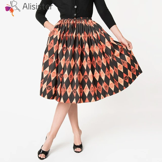 Women Midi Skirt Vintage Pumpkin Skull Print High Waist Skirts