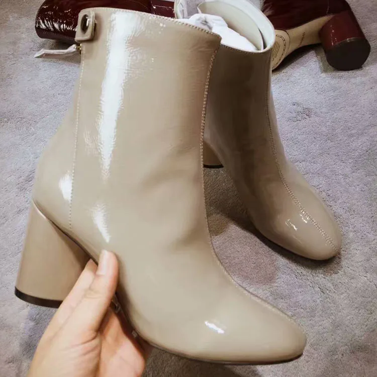 

Sexy Patent Leather Women Short Boots Autumn Thick High Heels Office Shoes Woman Fashion Motorcycle Booties Show Women Pumps