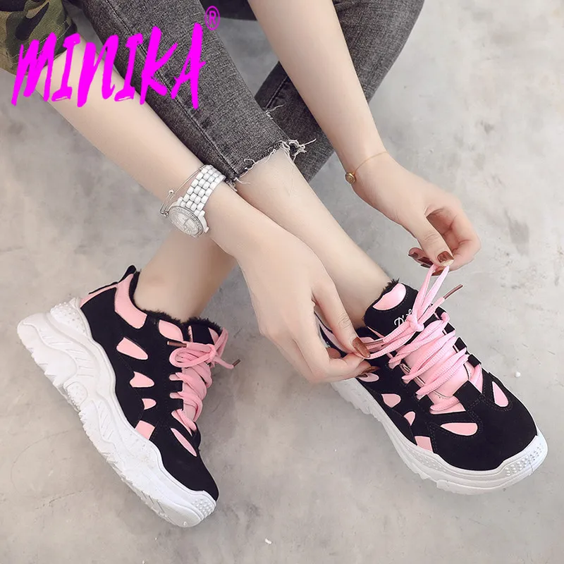

MINIKA Winter Warm Short Plush Shoes Woman High Quality PU Leather Lace Up Wedges Cotton Shoes Ladies Mix Color Platform Sneaker