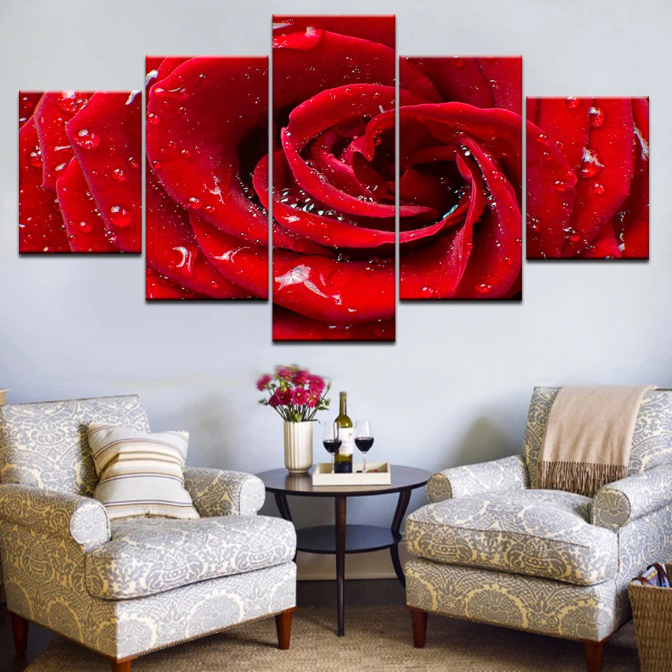 Painted Red Rose Oil Painting Reproductions 5 Piece Abstract Printing