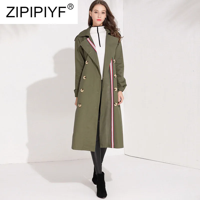2018 New Winter Trench Women Long Coat Army Green Double-breasted Striped Pattern Pockets Back Slit Casual With Belt Z027 | Женская