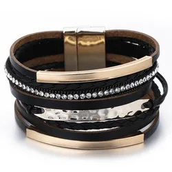 Elegant Multilayer Leather Bracelet with Metal Bar Charm - Black Braided Boho Punk Jewelry (Black)