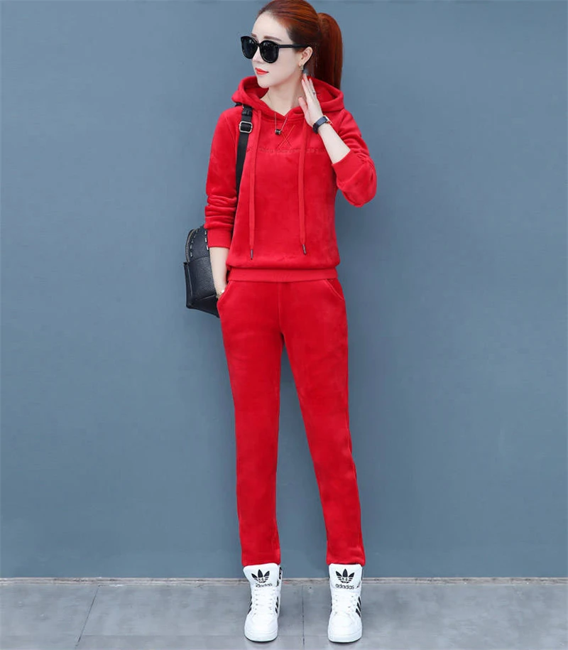 Matching Sets Autumn Plus Size Casual Loose Velvet Tracksuits 2 Pieces Set Women High Elastic Hooded Sweatshirts And Harem Pants