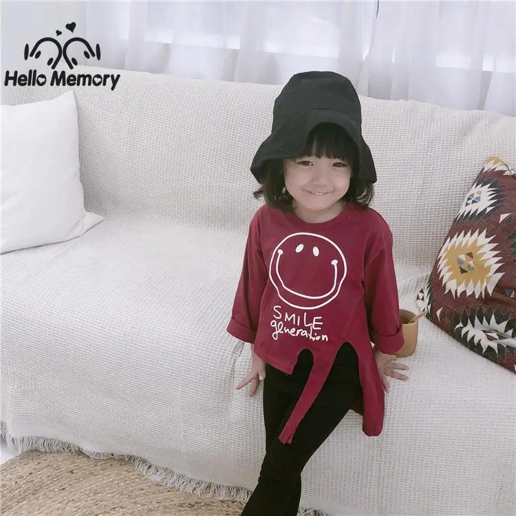 New Arrival Girls Blouse Irregular Cartoon Smiley Face Cotton Red/Black Shirt The Autumn For 1-6T Baby Children's Clothing | Детская
