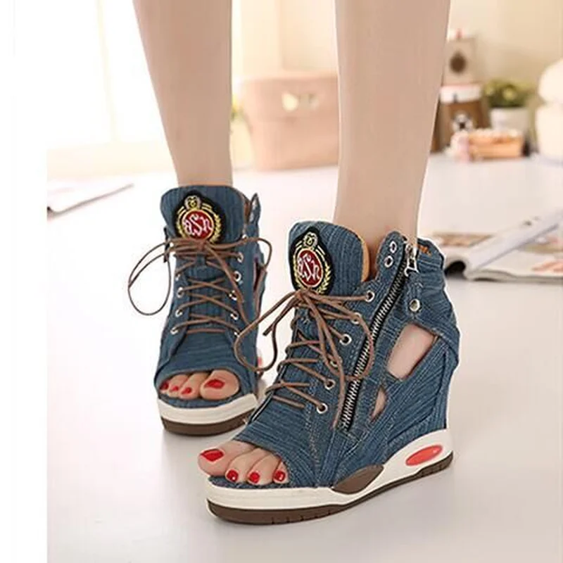

Womens Peep Toe High Top Denim Jeans Sandals Cut Out Lave Up Sneaker Hidden Wedge Heel Pumps Shoes Side Zipper Shoes Summer A27