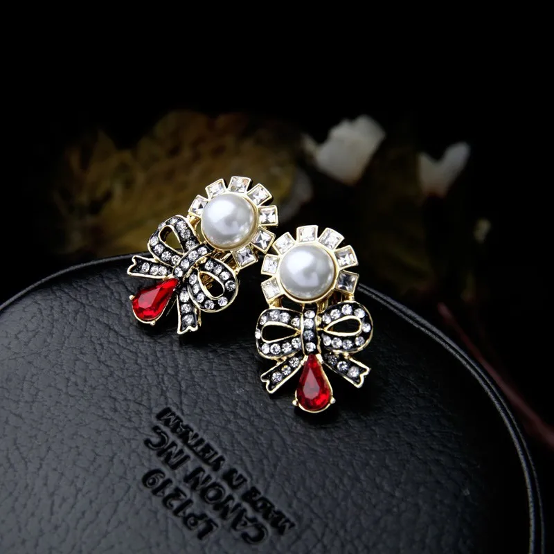 Charming No pierced Inlay Crystal Imitation Pearls Bowknot Clip Earrings Women Fashion Jewelry Factory Wholesale (7)