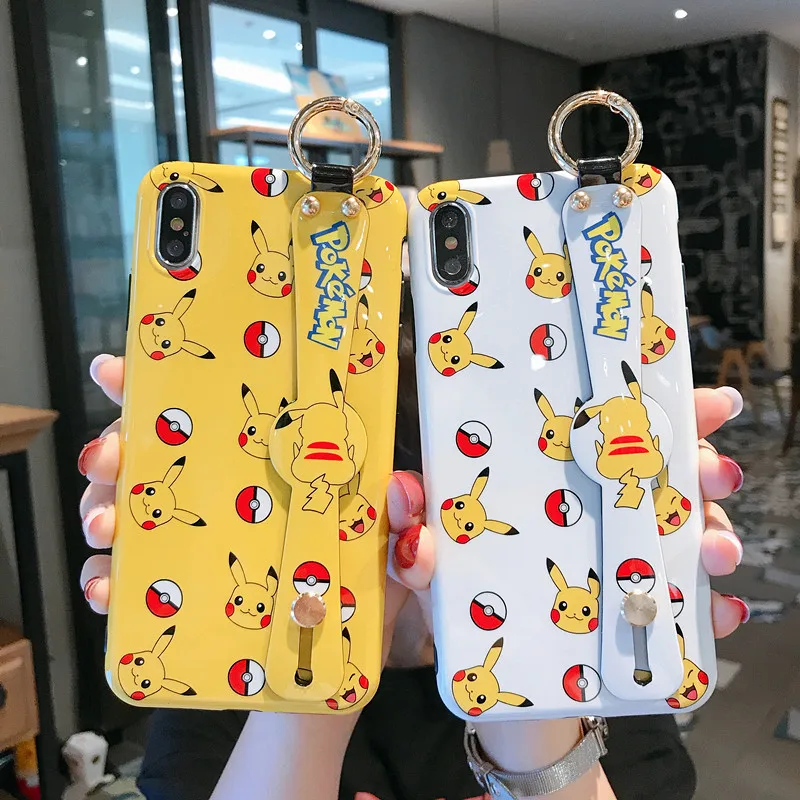 

super cute cartoon Pokemons Pikac soft shell wrist strap white yellow phone Case For Apple iphone 6 6s 7 8 Plus X XS XR MAX case