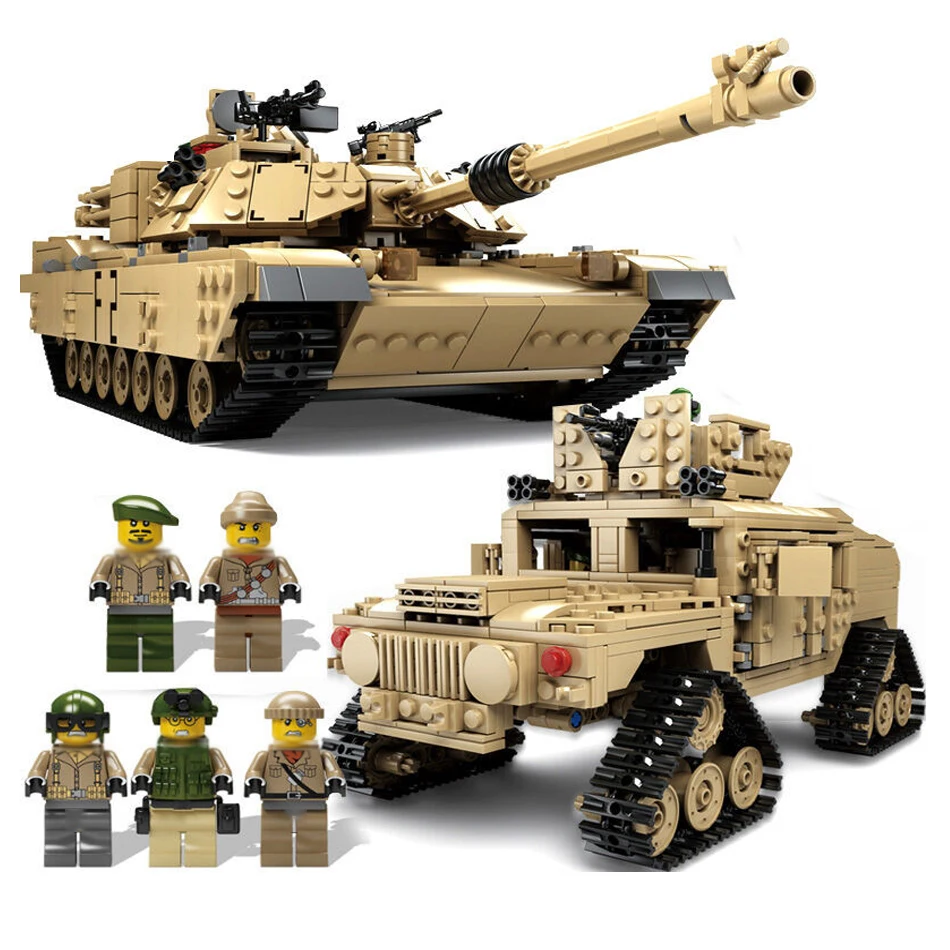 

1507PCS Military Theme Tank Model M1A2 ABRAMS MBT Hummer Transform Building Blocks Kit Compatible Legoed Army WW2 Soldiers Toys