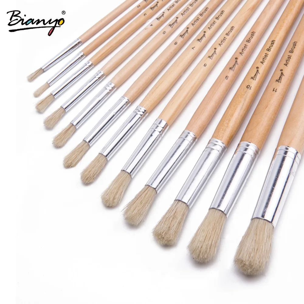 Koop Bianyo 12 stks Ronde Bristle Hair Houten Handvat Geavanceerde Acryl Kwast Olieverf penselen Gouache Borstels Set Art Supplies