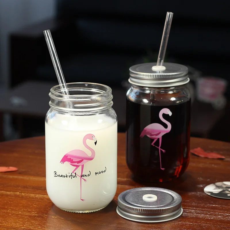 ARI017 Mini Bouteille de lait avec paille Tropical Flamingo 