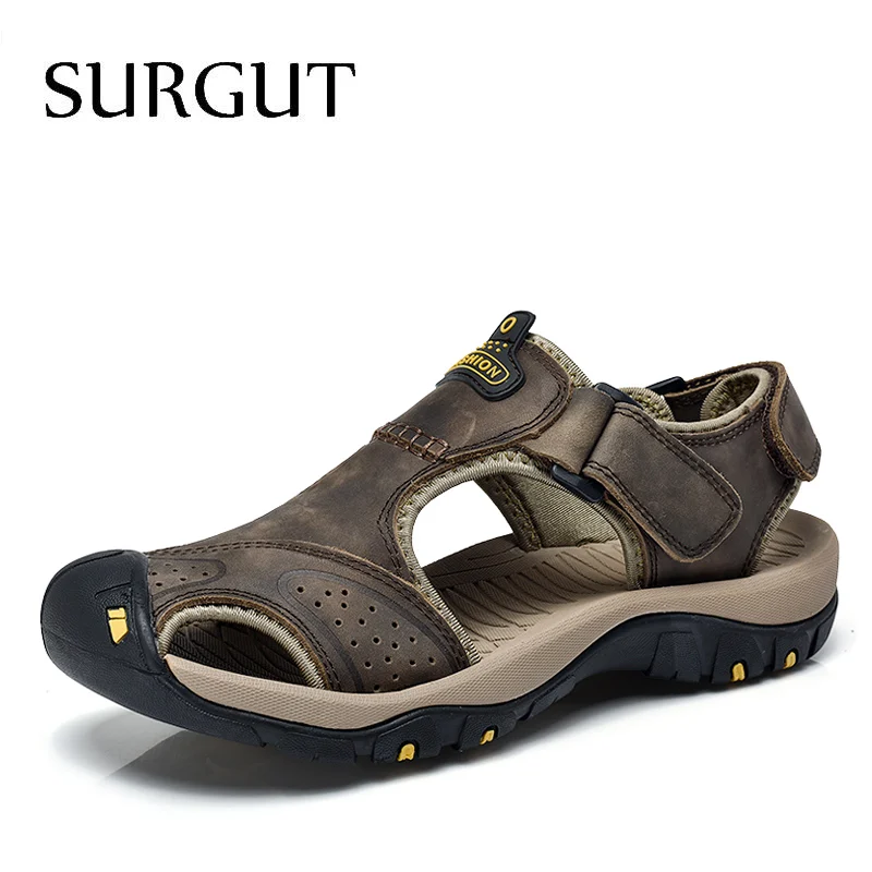 Dark Gray Brown SURGUT/Новинка года; мужские летние сандалии из натуральной кожи; брендовые новые пляжные мужские сандалии; дышащие шлепанцы; Высококачественная Мужская повседневная обувь - Цвет: Dark Gray Brown