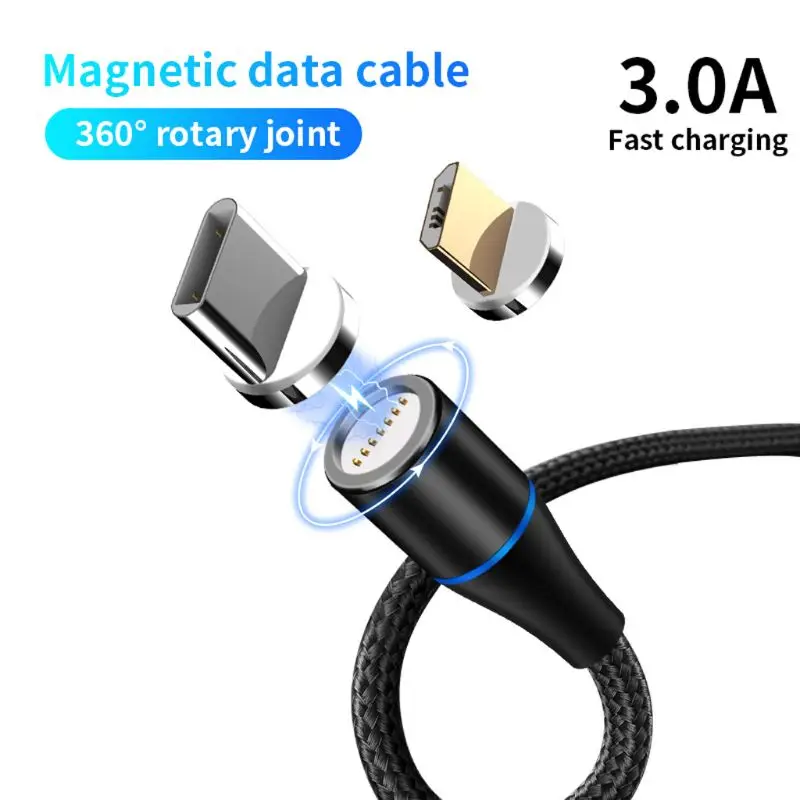 

360 Rotation Round 3A Magnetic USB To Type C + Micro USB Male QC 3.0 Fast Charge Data Cable For Samsung Huawei Xiaomi HTC Androi