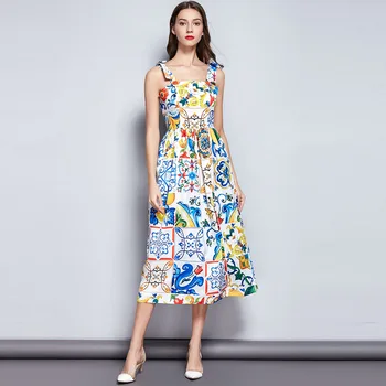 

Star Style Woman Summer Print Dress Elegant Royal Printed Ladies Party Dresses Vintage Blue-and-white Porcelain Mid Dress