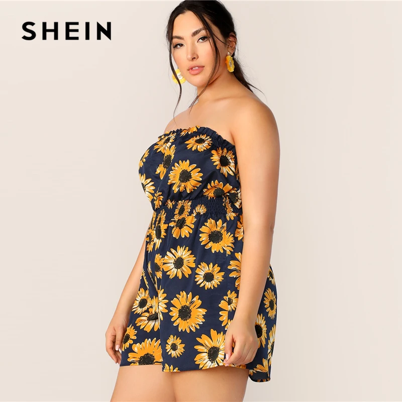 SHEIN плюс комбинезон с принтом подсолнуха гофрированная Талия без рукавов