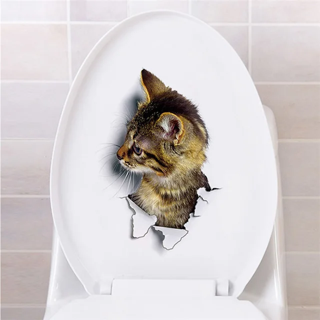 Tridimensionnel Animaux Mignons Chat Chien Toilette Autocollants Stickers Muraux Trou R/éfrig/érateur Affiches DIY D/écor /À La Maison