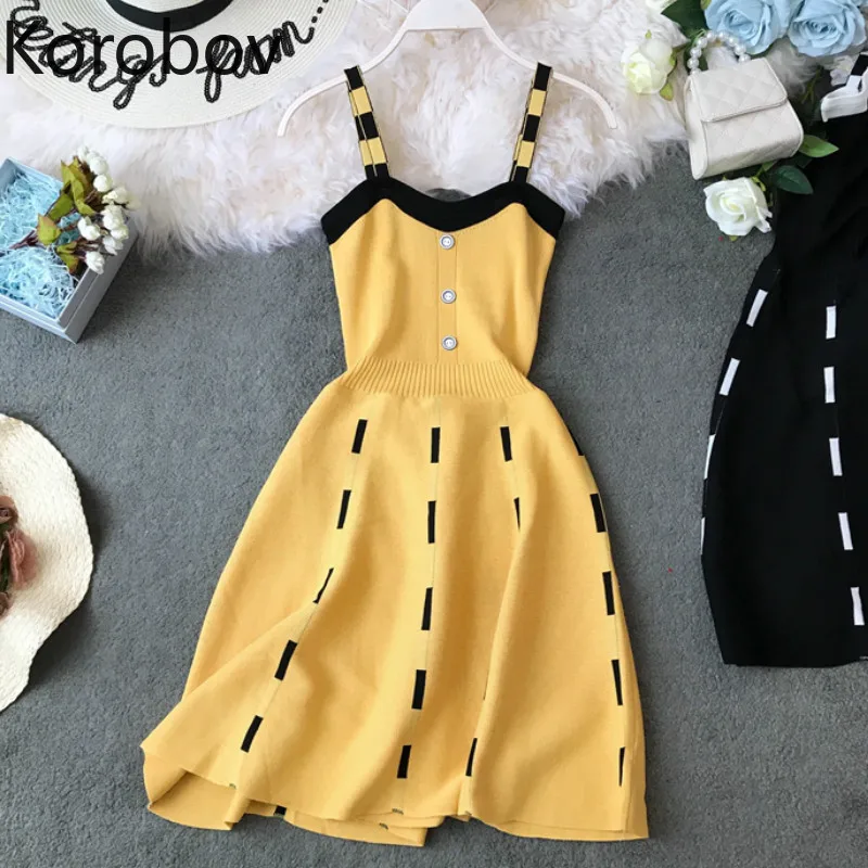 

Korobov Korean Summer Knitted Spaghetti Strap Dresses Women Elegant V Neck Short Dress A Line Slim Patchwork Vestidos 78124