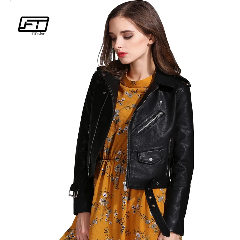 

Fitaylor Women Faux Leather Jackets Lady PU Bomber Motorcycle Outerwear Slim Short Punk Coat with Belt