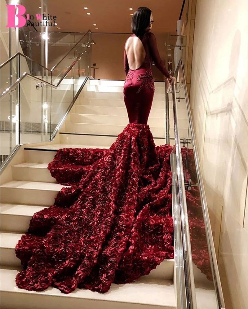 Beautifulinwhite бордовый Русалка Пром платья Длинные кружевное с аппликацией из бусин с открытой спиной 3D цветы Вечерние Выпускные платья BP039