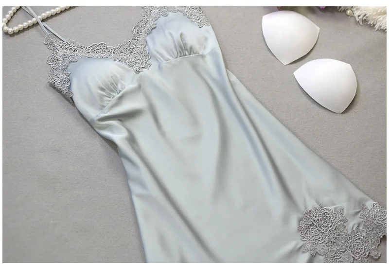 Sexy Silk Lace Sleepwear Dress Women Summer Solid Satin Nightgown Spaghetti Strap Sleeveless Nightwear Lingerie Sexy Night dress (26)