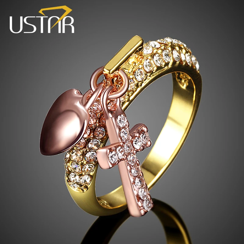 

USTAR Heart Cross Crystals Rings For women Gold color wedding rings femal Anel Fashion Party Jewelry top quality