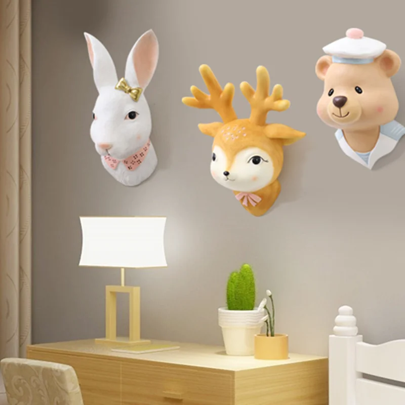 Cute Deer/ Bear/ Rabbit Wall Decoration Hanging Wall Animal Head Resin Baby Room Wall Ornaments Home Accessories, Best Gift
