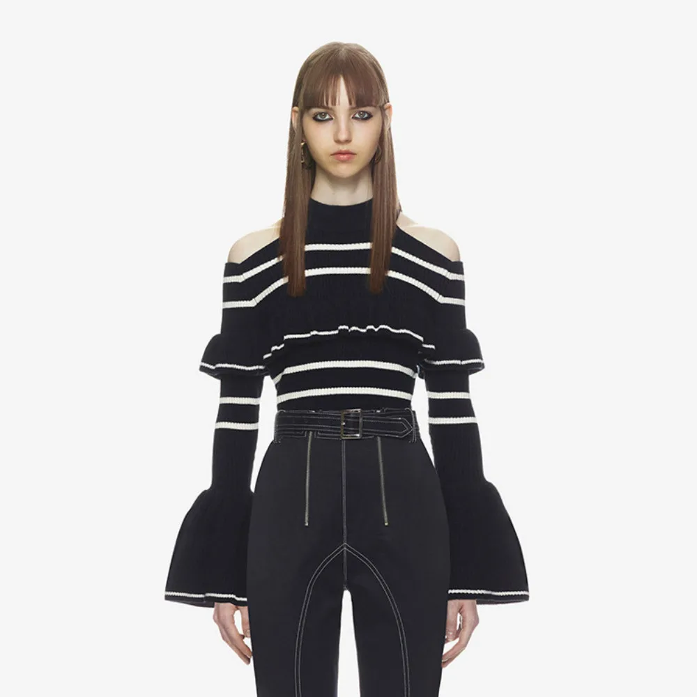 Sexy Off Shoulder Women's Striped Sweaters Ruffle Pullover 2018 Spring Female Personality Tops Flare Sleeve Self Portrait Jumper | Женская
