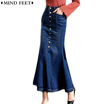 

MIND FEET Women Denim Skirts Plus Size Row Buckle Self-cultivation Elastic Force Fish Tail Skirt Lady Mermaid Long Skirt