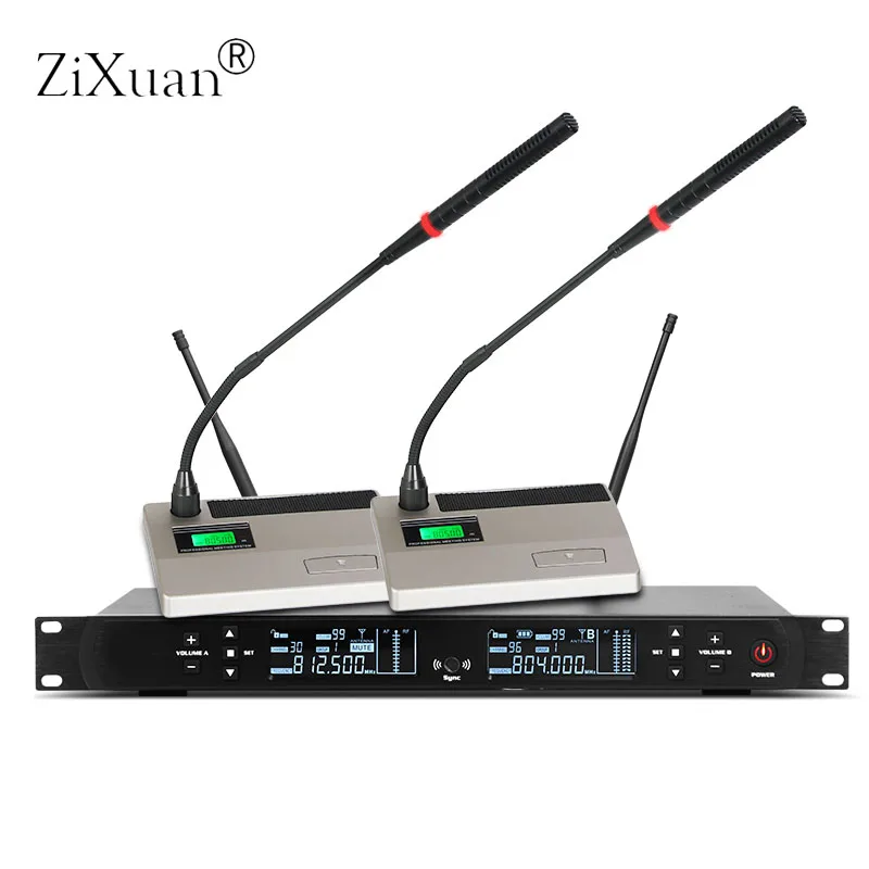 المهنية UHF 2 قناة لاسلكية معقوفة ميكروفون نظام مكبر صوت للمؤتمرات نظام يده سماعة Lavalier هيئة التصنيع العسكري