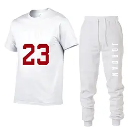 Новый мужской костюм, белая футболка с короткими рукавами, брюки, 2 предмета, спортивный костюм, мужской костюм, хлопковый спортивный костюм