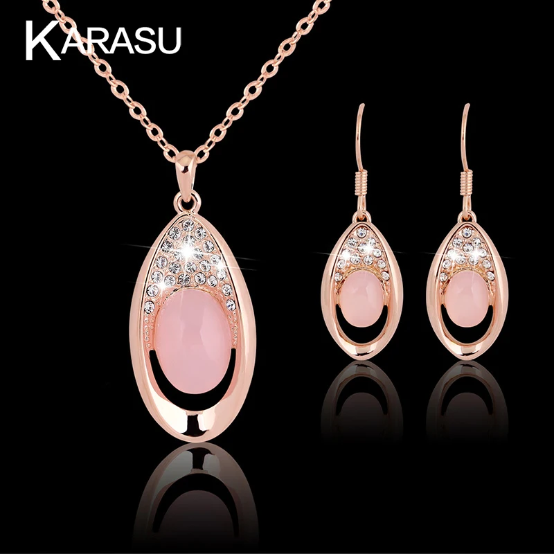 

Luxury Wedding Opal Jewelry Sets for Women Rose Gold-color Austrian Crystal Necklace + Earrings 2-Piece Jewelry