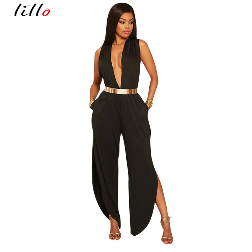 Deep V women's new solid color fork jumpsuit spot fashion sexy