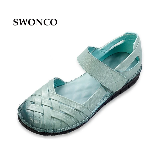 SWONCO Women's Sandals Retro Hand Woven Genuine Leather Ladies Shoes Women Sandals Summer 2018 Soft Bottom Anti-skid Woman Shoes