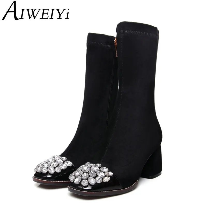 

AIWEIYi Women Suede Leather Ankle Boots Spring Autumn Rhinestone Stretch Black Booties Square toe Genuine Leather Short Boots
