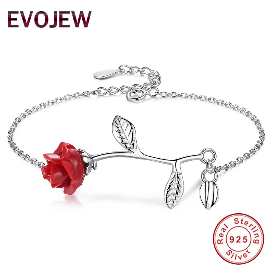 New 925 Sterling Silver Red Rose Bracelet Romantic Flower Leaves