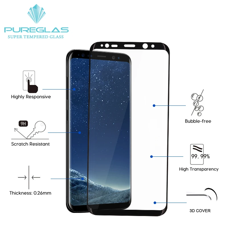 PureGlas Newly 3D Curved Tempered Glass For Samsung S8 Plus Smart Phone 9H Full Cover Screen Protector Film for Galaxy s 8 | Мобильные
