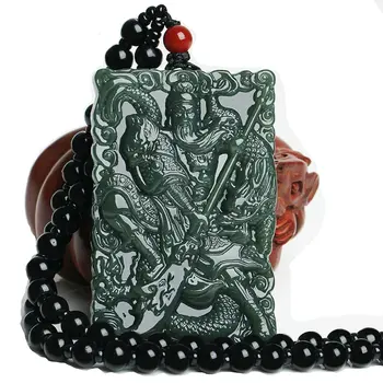 

Koraba Fine Jewelry Natural Hand Carved Green Jade Wu God of Wealth Guan Yu Patron Saint Necklace Pendant Free Shipping