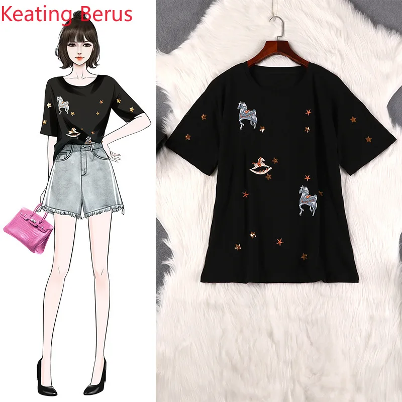 

Women's Summer Black T-shirt Plus Size Loose Embroidery Round Neck Short-sleeved Women's Summer Tops Plus Size Women's Clothing