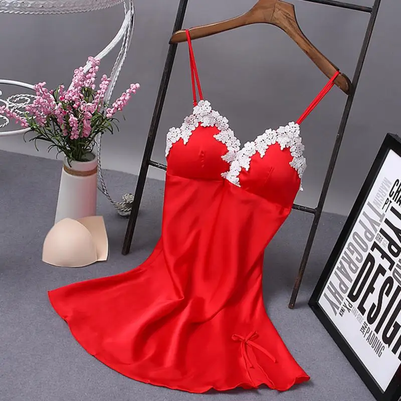 New Summer Women Sexy Spaghrtti Strap V-neck Silk Lace Braces Pajamas With Chest Pad Female sleeveless mini Nightdress