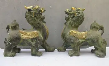 

Chinese Royal old Bronze Door Guardian Foo Dogs Dragon Lion Unicorn Pair Statue