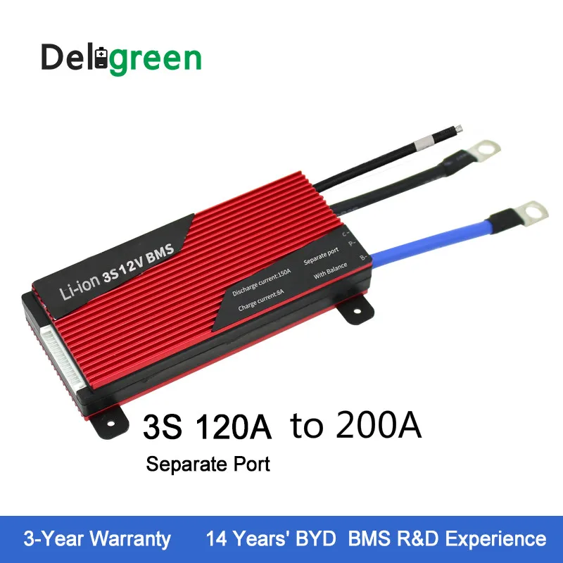 

Deligreen 3S120A 150A 200A 12V PCM/PCB/BMS separate port for LiNCM battery pack 18650 Lithion Ion Battery Pack protection board