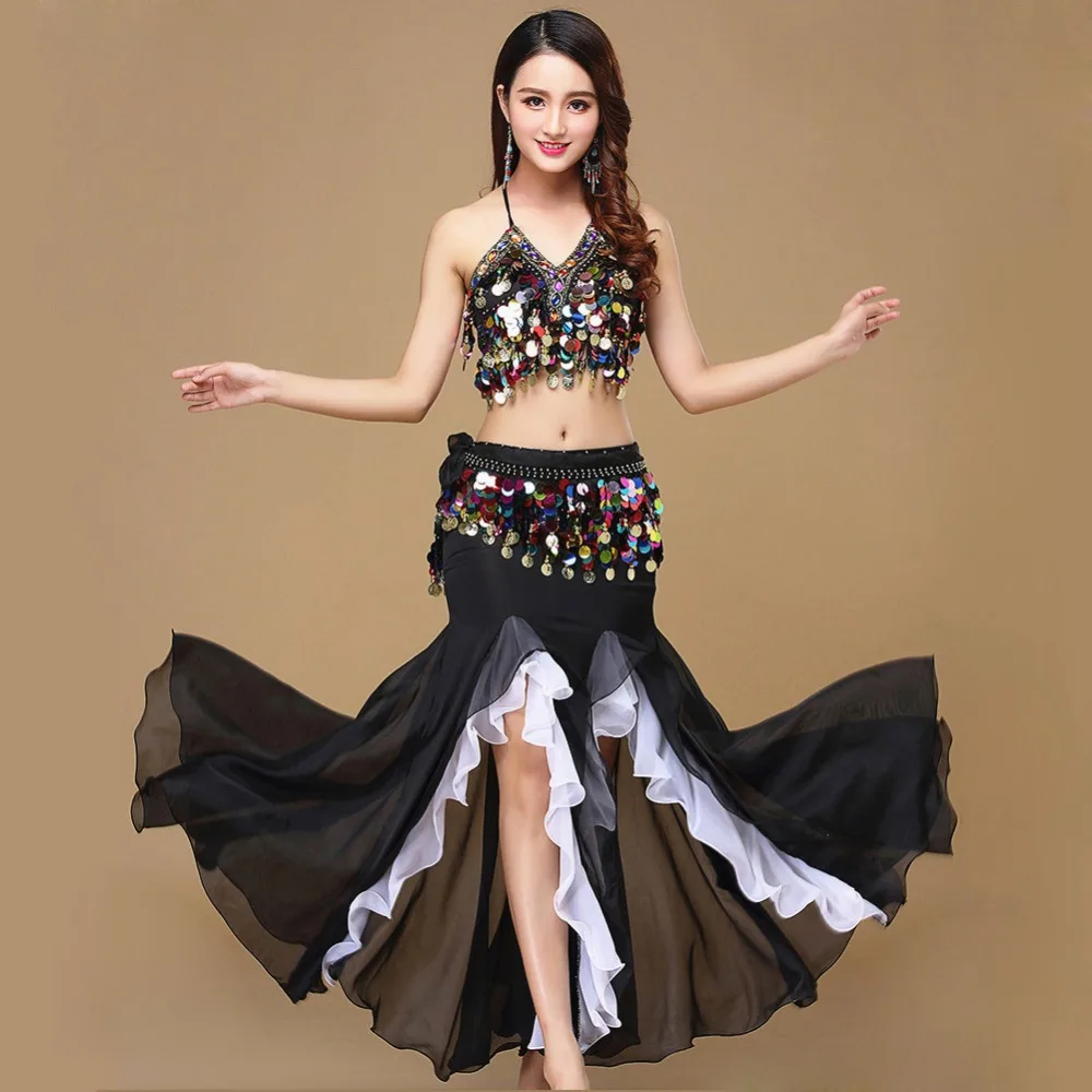 10 Colors Belly Dance Skirt Costume Women Dance Coins Tops For Slim