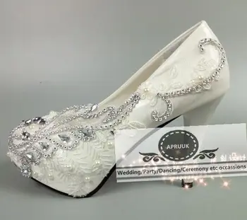 

10cm 8cm super high heels platforms white lace wedding shoes bride HS311 handmade luxury shinny sparking crystal bridal shoes