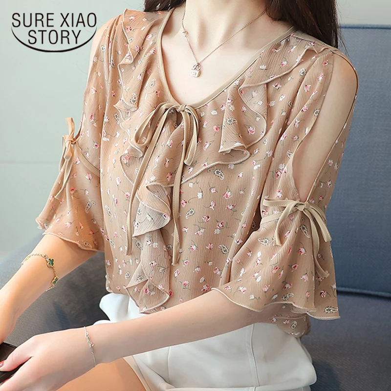 Meilleur Nouvelle d été de mode imprimé blouse chemise femmes tops manches courtes blouses arc doux flare manches 2018 en mousseline de soie chemises 0527 40