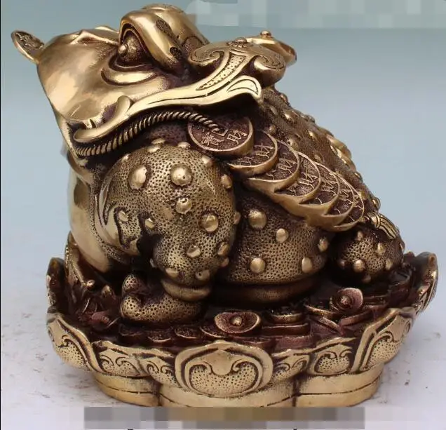 

S00918 8" Folk Chinese Bronze FengShui Wealth Money Yuanbao Golden Toad Statue B0403