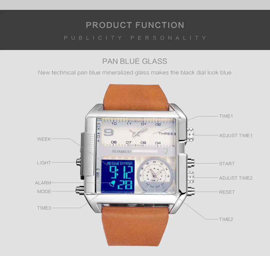Jolie Montre en Cuir Numerique Analogique Avec 3 Fuseaux Horaires Jolie Montre en Cuir Numerique Analogique Avec 3 Fuseaux Horaires