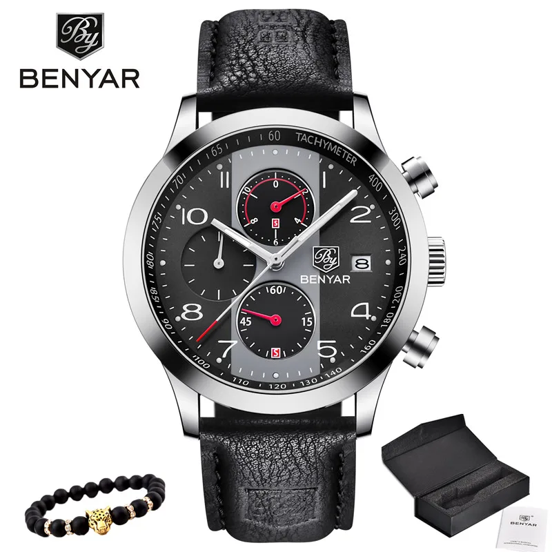 BENYAR мужские часы Топ бренд класса люкс мужские часы кварцевые/Военные/часы хронограф кожаные мужские часы Montre Homme - Цвет: Black