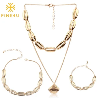 

FINE4U N178 Bohemia Natural Sea Shell Choker Necklaces Bracelet Sets For Women 2019 Summer Beach Wedding Bridal Jewelry Sets
