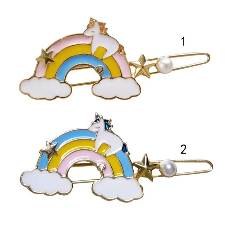 

Korean Sweet Girls Glitter Oil Drop Rainbow Bobby Pin Women Cute Cartoon Horse Faux Pearl Hair Clip Candy Color Styling Barrette