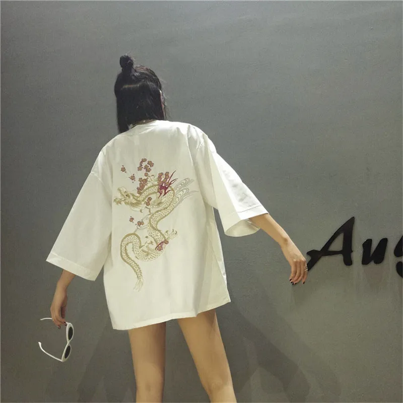 harajuku Japanese kimono cardigan 2019 vintage novelty summer cherry dragon embroidery chiffon sun protection women clothing