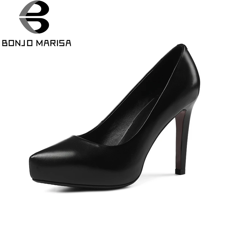 

BONJOMARISA 2018 Spring Autumn Concise Genuine Leather Women Pumps Lady Super High Heels Ol Shoes Woman slip-on Shallow Footwear